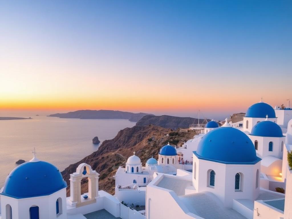 Blaue Kirchenkuppeln in Santorini vor Sonnenuntergang