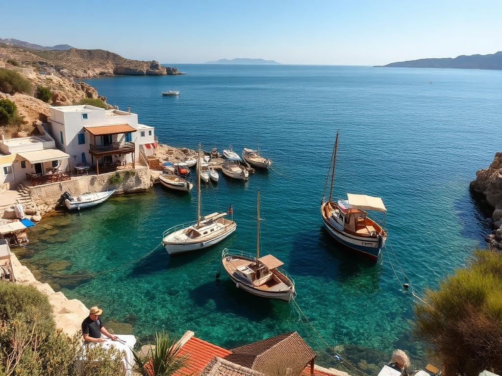 Ruhiger Fischerhafen mit türkisem Wasser