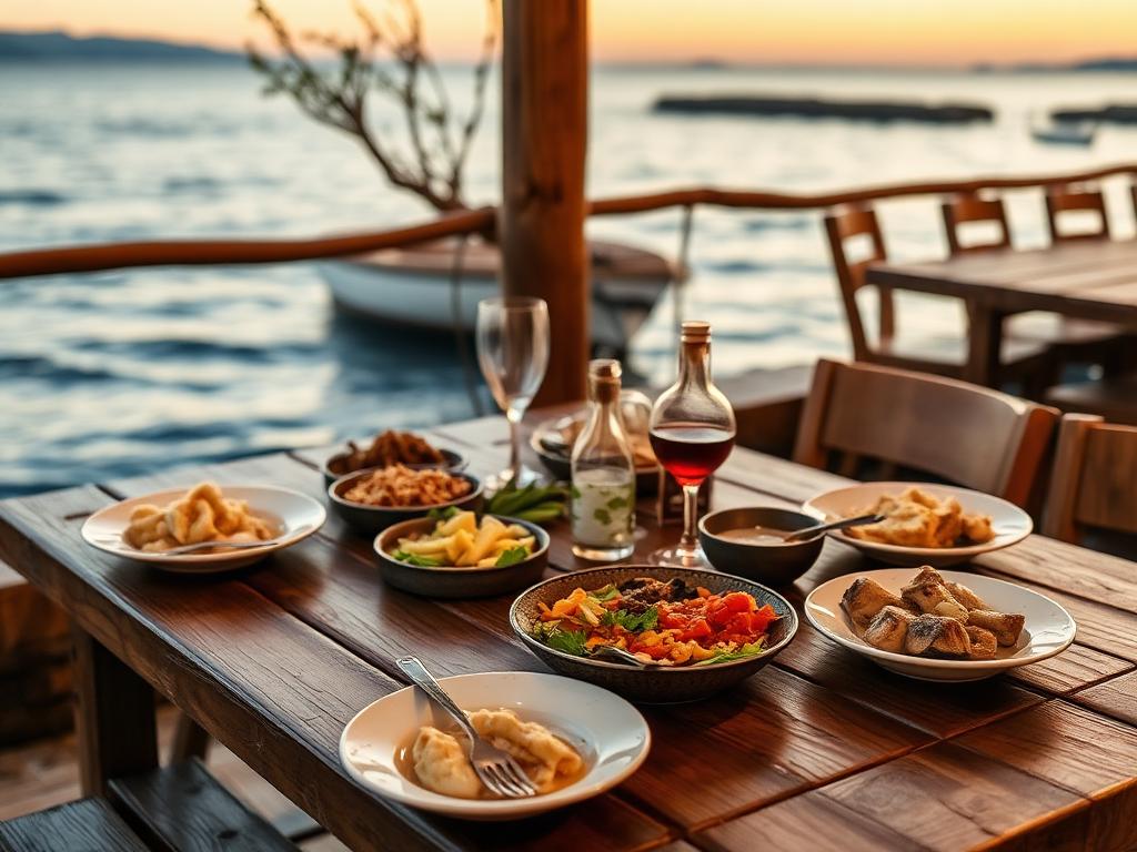 Griechische Meze auf einem Holztisch am Meer