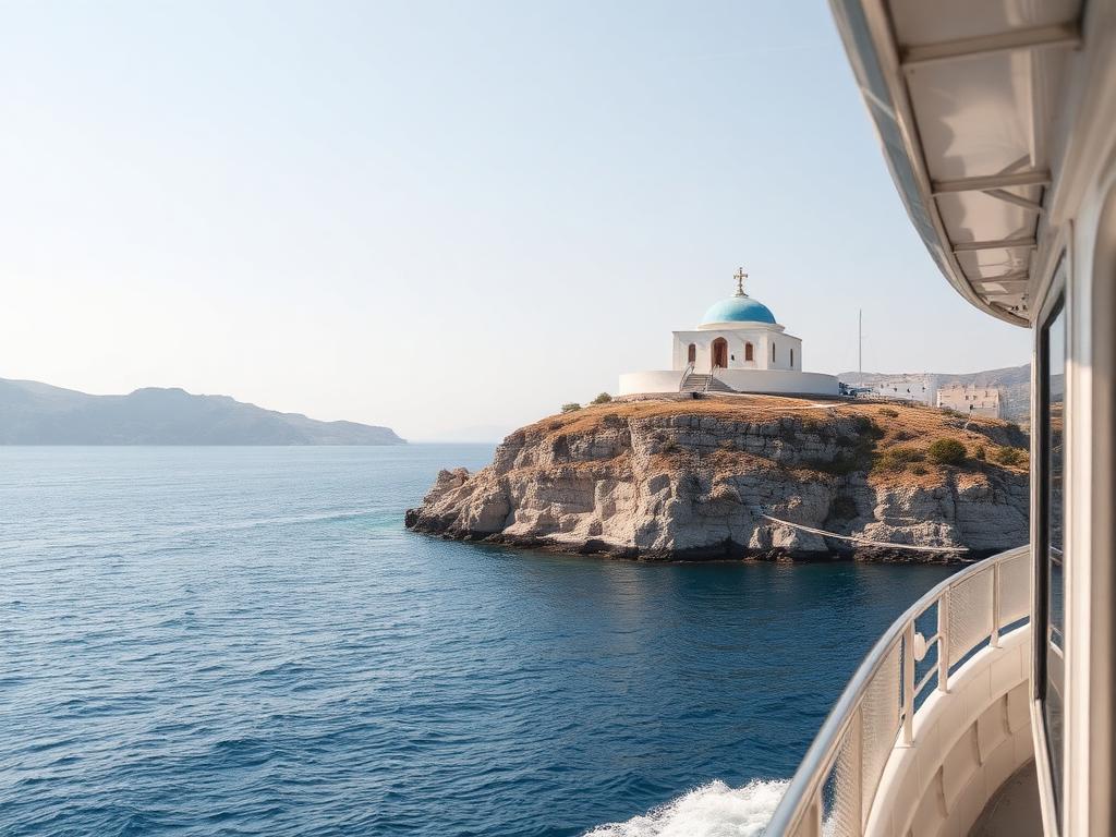 Kleine Insel mit weißer Kapelle vom Fährbalkon aus