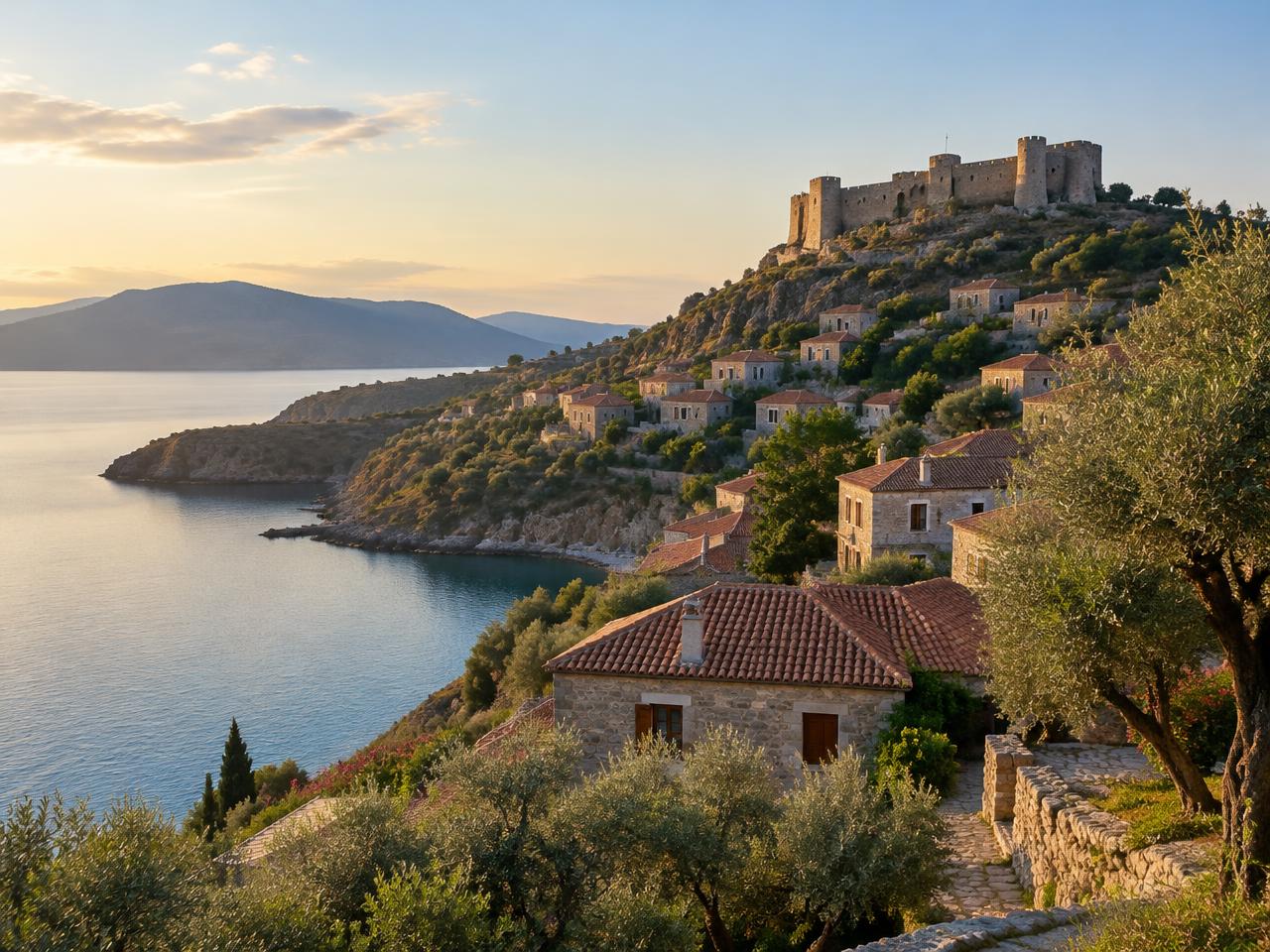 Steinhäuser eines Hügeldorfs mit Burg über einer Bucht auf Lesbos