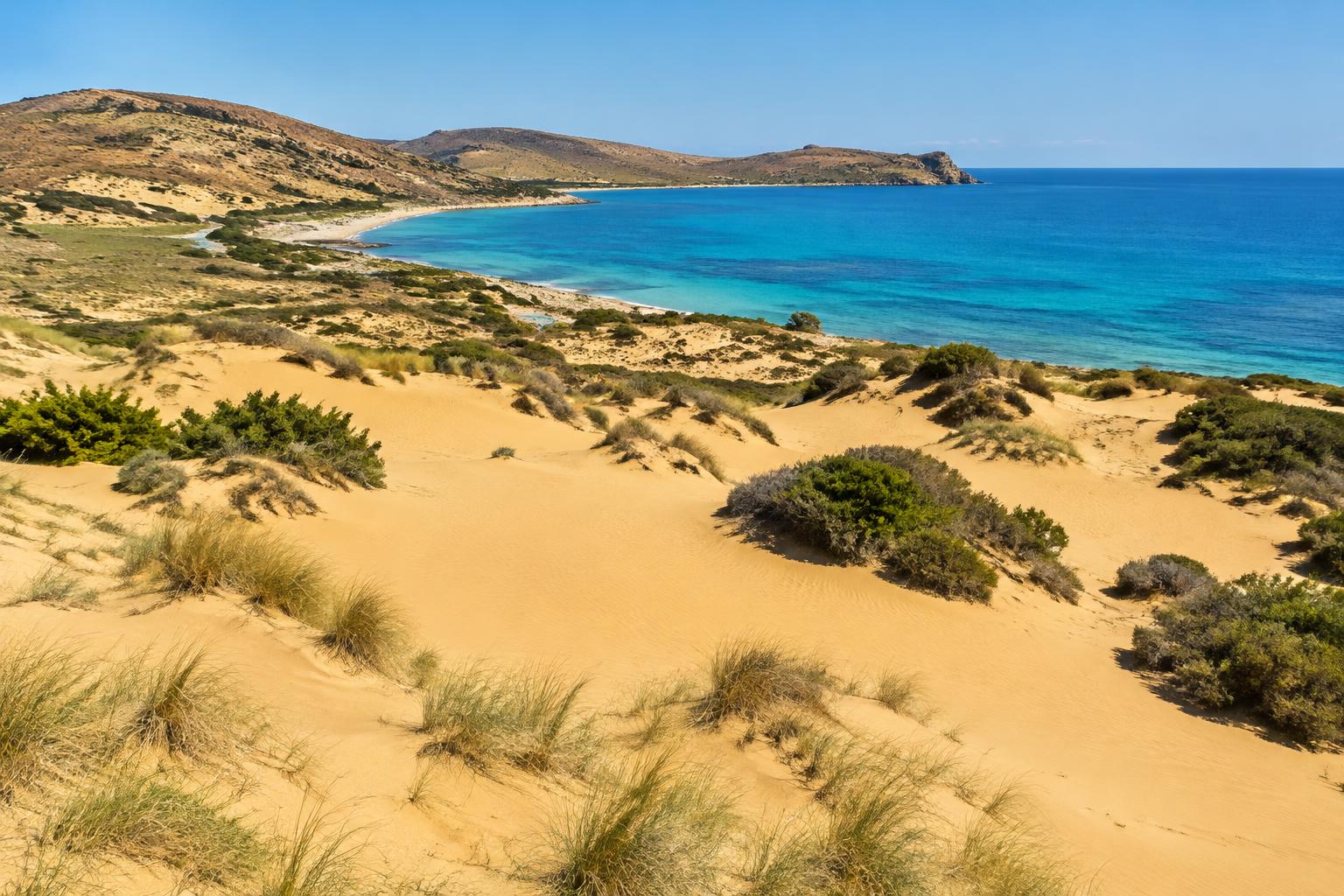Goldene Sanddünen an einer flachen Küste mit klarem Wasser