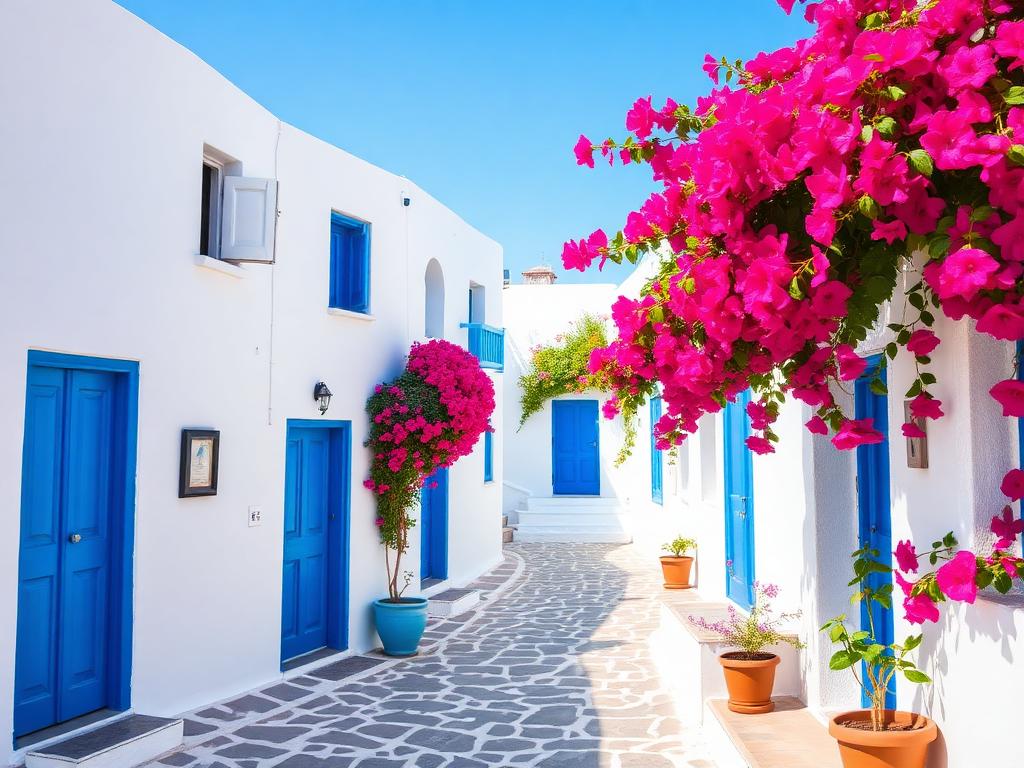 Enge weiße Kykladengasse mit Bougainvillea