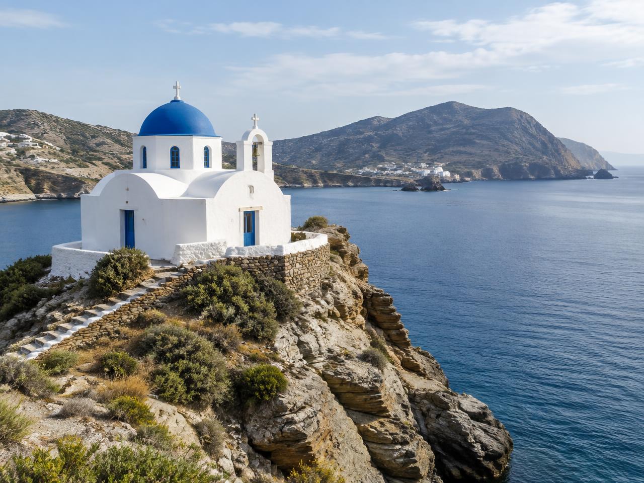Weiße Kapelle auf einem Felsen am Meer vor einer Kykladenküste