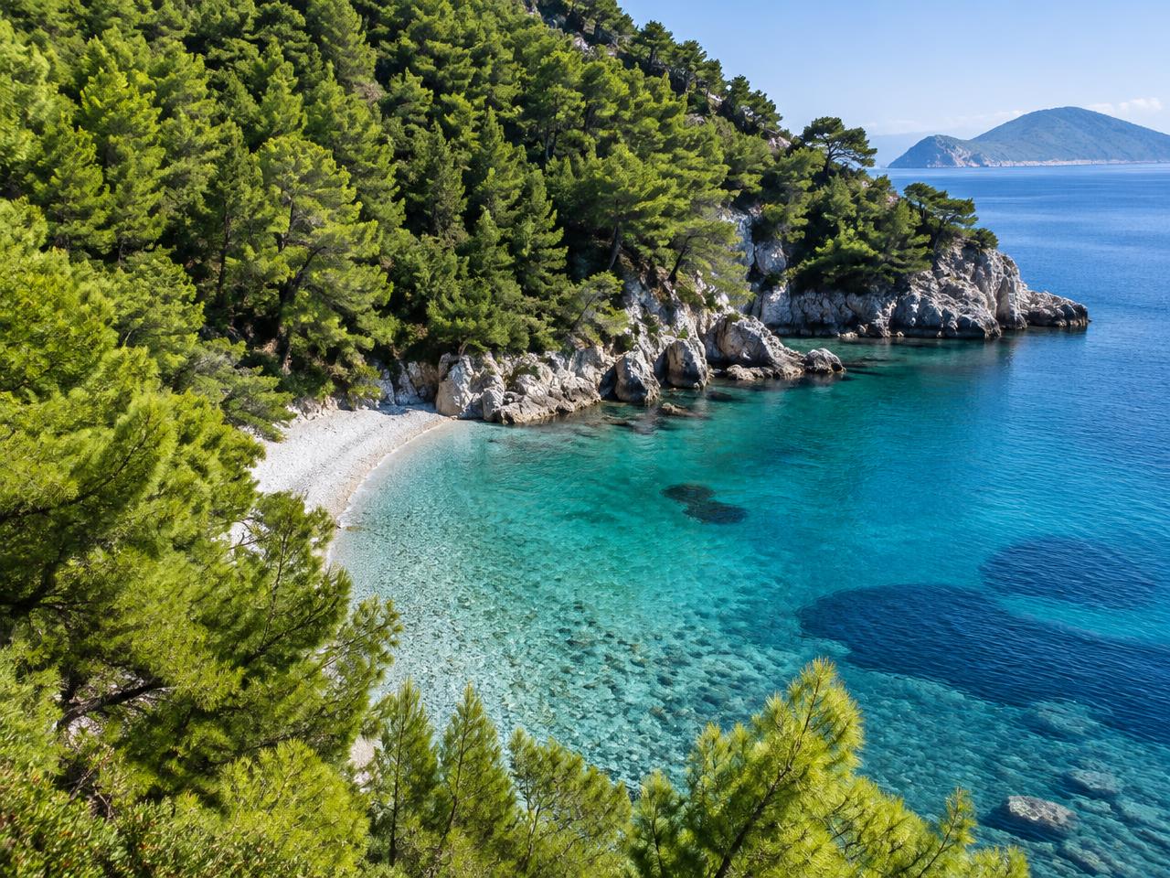 Pinienwald, der bis an eine türkise Bucht auf Skopelos reicht
