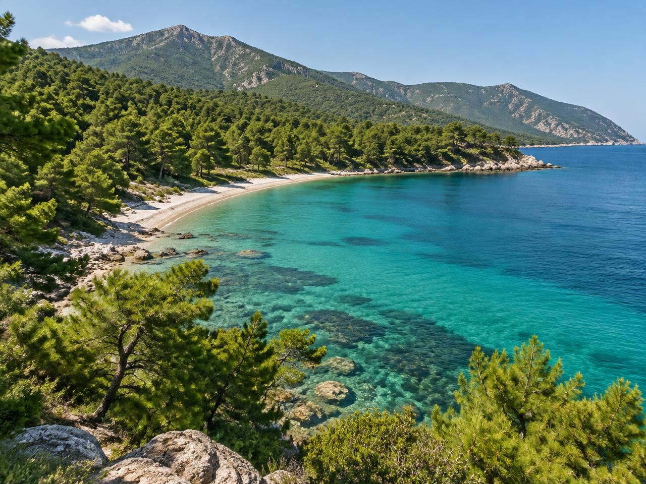 Pinienwald, der bis an eine Sandbucht auf Thassos reicht